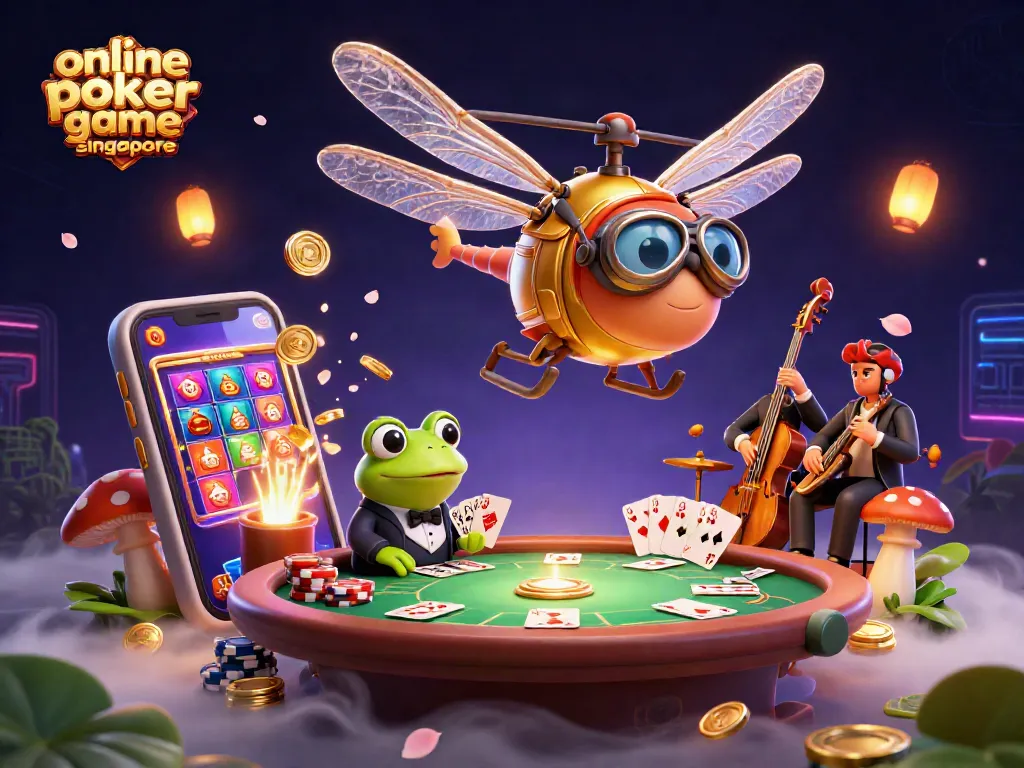 Engage in the online poker game Singapore scene with vibrant characters, floating poker elements, and dramatic colors.