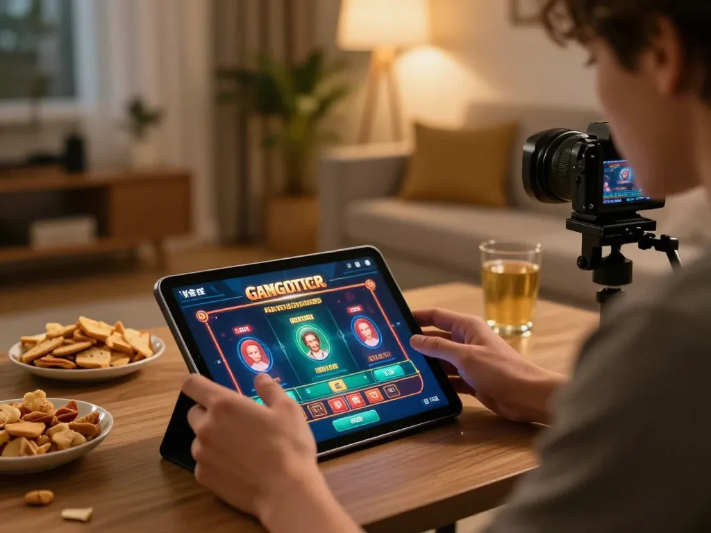 Engaging scene of a person playing casino gratis senza registrazione on a tablet in a cozy home setting.