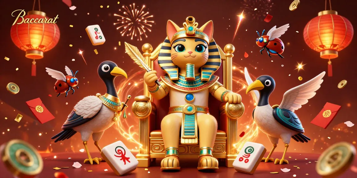 Baccarat strategy guide visual featuring a dynamic scene with an Egyptian cat and gaming elements