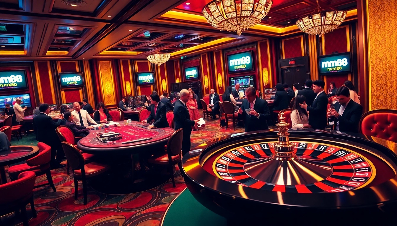 Experience the thrill of mm88 gaming with luxurious casino tables and vibrant players.