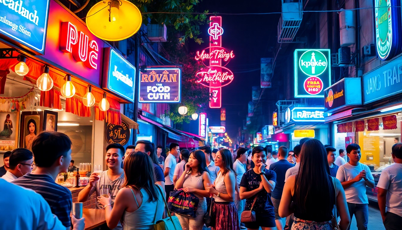Experience the vibrant 호치민밤문화 with friends enjoying nightlife at a lively street bar.