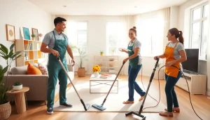 Cleaning Service professionals efficiently cleaning a modern home with vibrant decor.