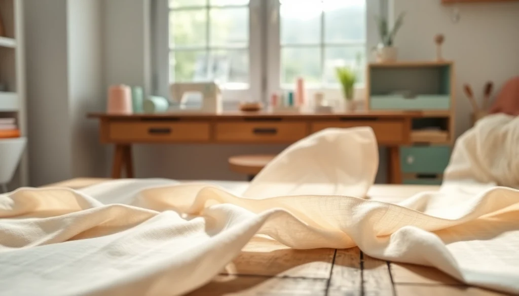 Mousseline stof elegant gedrapeerd over een rustieke tafel, perfect voor creatieve projecten.