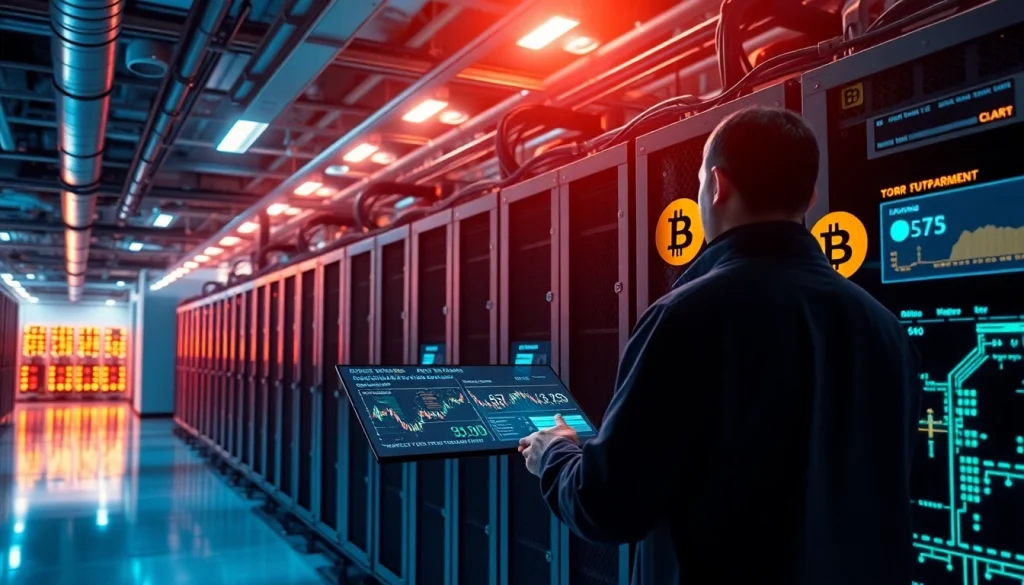 Bitcoin mining operation featuring advanced ASIC miners and a technician monitoring performance.