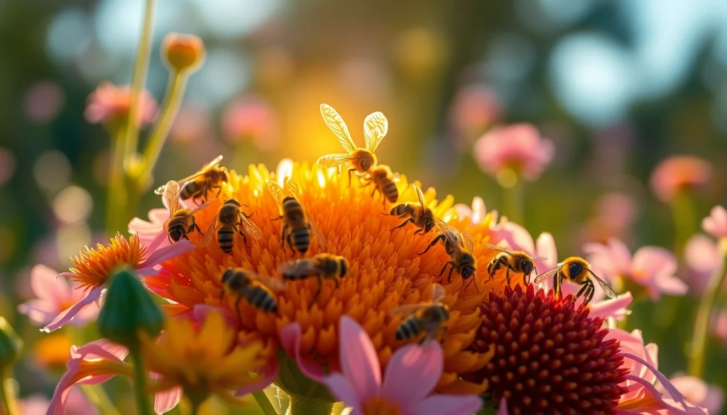 Núcleos de abejas en una colmena activa rodeados de flores y luz natural.