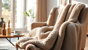 Fleece dekentje dat stijlvol is op een stoel met zachte texturen en warme kleuren.