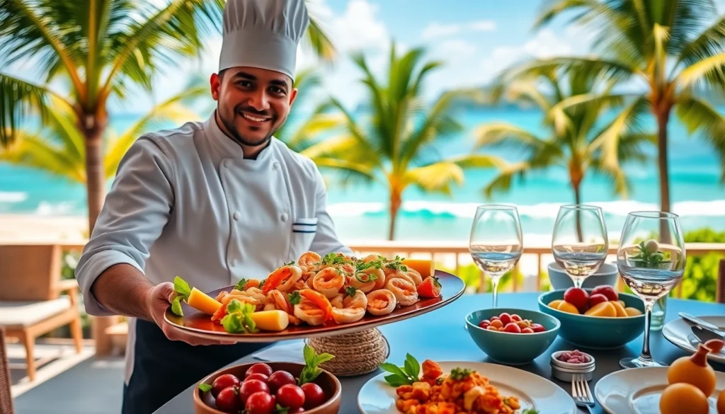 St Martin Private Chef presenting gourmet seafood in an elegant beachfront setting.
