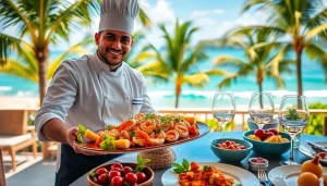 St Martin Private Chef presenting gourmet seafood in an elegant beachfront setting.