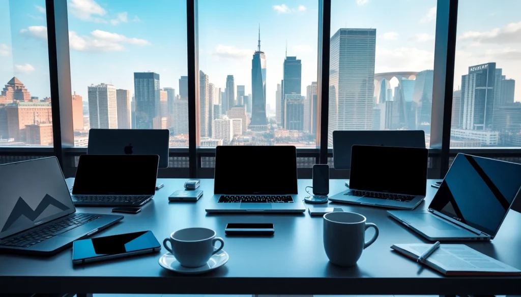 Showcasing Technology devices on a contemporary office desk with futuristic city skyline.