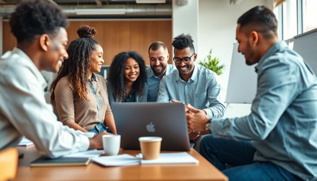 Collaborative team discussing small business jobs in a modern workspace.