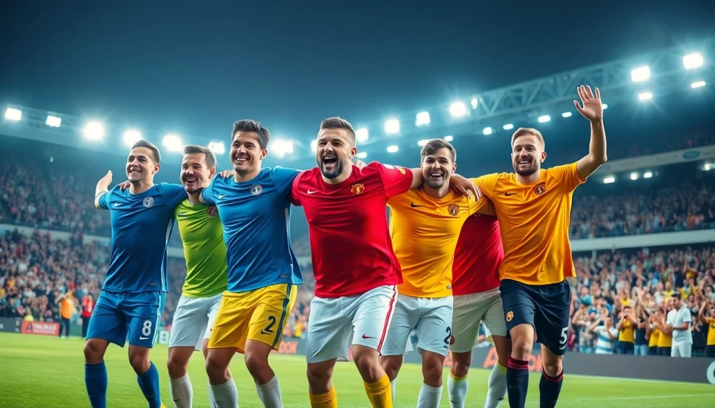 Celebrate with discount football shirts as players showcase vibrant team colors in a festive stadium.