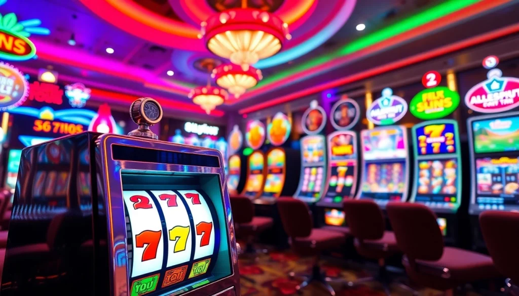 Mesin slot berwarna-warni dan berkilau yang menarik perhatian di kasino.