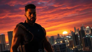 Bayside Boom character Orlando Black bracing for action against a sunset skyline.