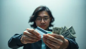 카드깡 거래 중인 사람과 신용 카드들로 구성된 장면