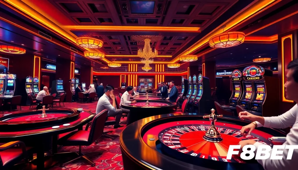 Engaging scene of players enjoying various games at Nhà cái F8BET casino, showcasing excitement and luxury.
