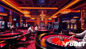 Engaging scene of players enjoying various games at Nhà cái F8BET casino, showcasing excitement and luxury.