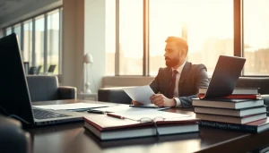 Intellectual property lawyer advising a client in a contemporary office setting.