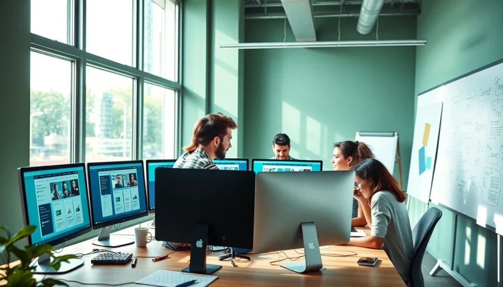 dịch vụ thiết kế website showcasing a collaborative web design team in a modern workspace.