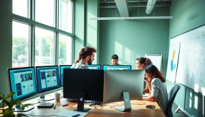 dịch vụ thiết kế website showcasing a collaborative web design team in a modern workspace.