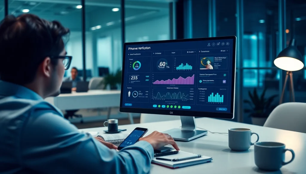 Phone number verification dashboard in a modern office environment, emphasizing security and technology.