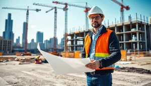 Manhattan General Contractor overseeing a construction site with modern elements and vibrant skyline.