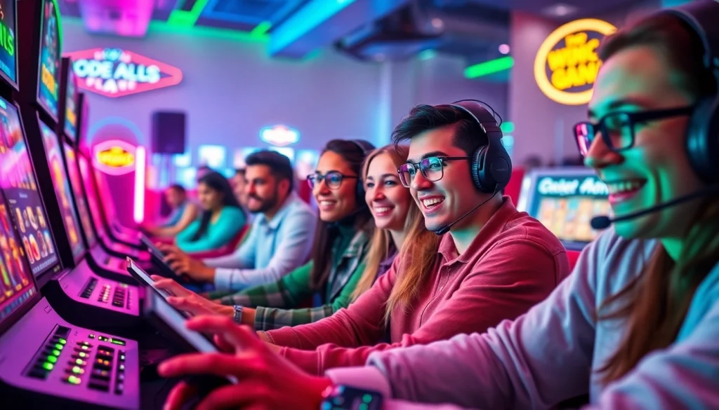 Kode4d online gaming scene showing diverse players enjoying slot games with vibrant neon colors.