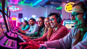 Kode4d online gaming scene showing diverse players enjoying slot games with vibrant neon colors.