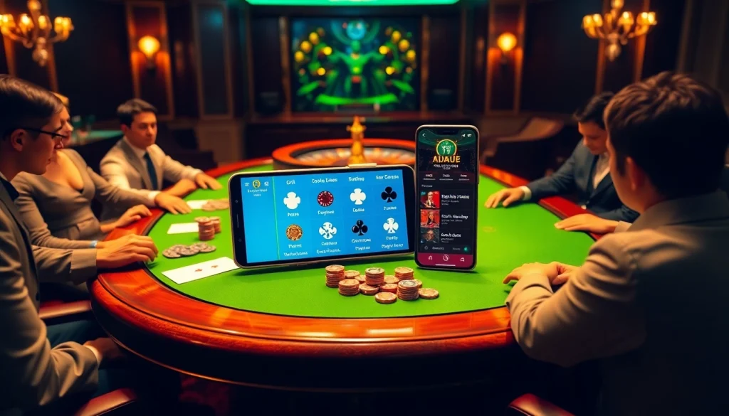 Experience a thrilling game of poker with 상품권카드 options visible on a smartphone amidst casino ambiance.