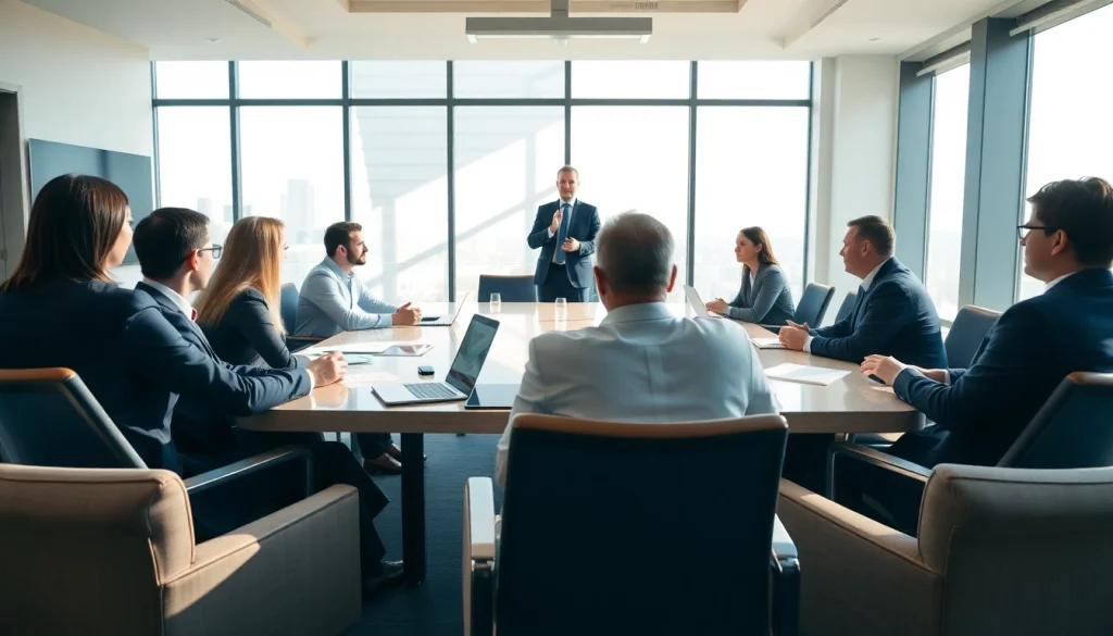 Crisis management consultant leading a strategy session with a team in a modern corporate setting.