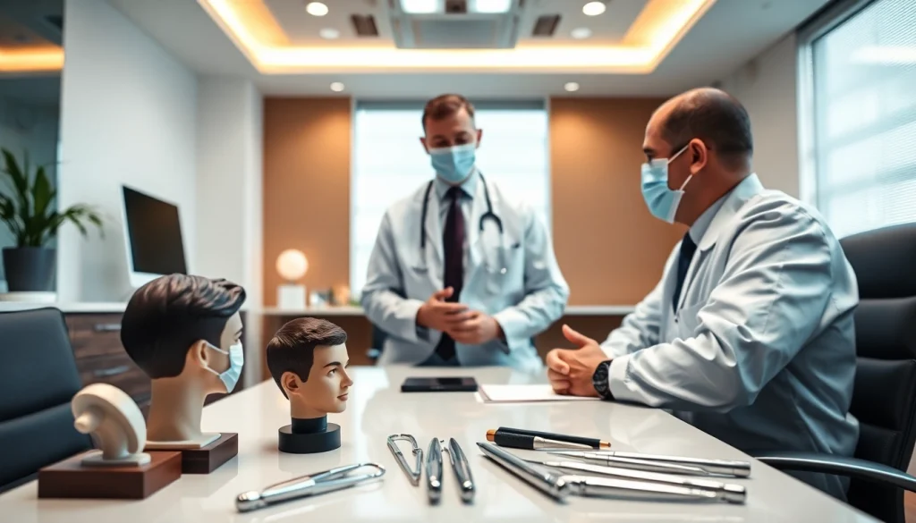 Consultation for hair transplant in a modern clinic setting showcasing professionalism.
