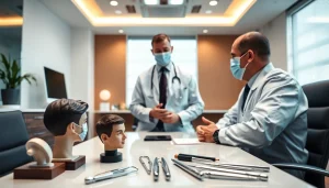 Consultation for hair transplant in a modern clinic setting showcasing professionalism.