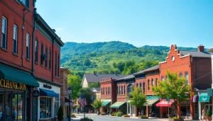 Explore Clarksburg's vibrant historical architecture and community life in this captivating image.