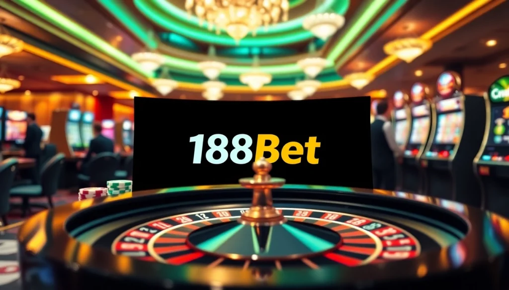 Engage with the link 188bet at a luxurious online casino featuring poker chips, roulette wheel, and slot machines.