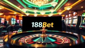 Engage with the link 188bet at a luxurious online casino featuring poker chips, roulette wheel, and slot machines.