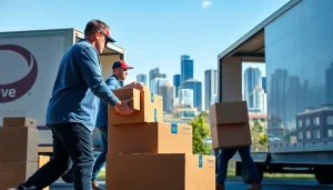 Vancouver moving company professionals handling boxes and moving truck in vibrant city.