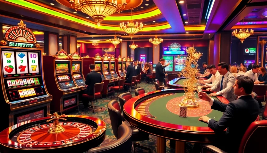 Players enjoying Slot777 gaming experience amidst a glamorous casino atmosphere with vibrant machines.