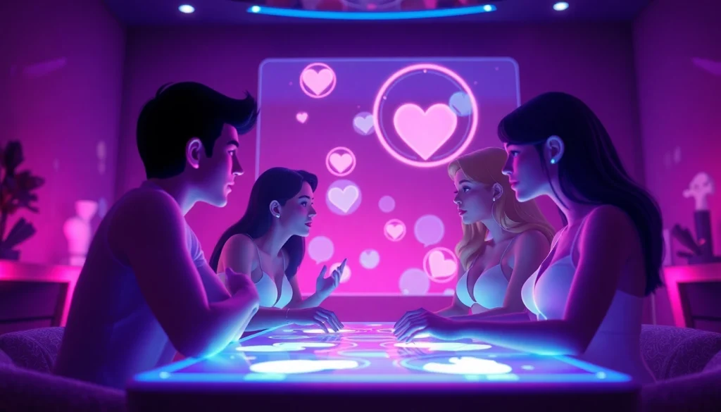 Engaging in sex chat AI with diverse avatars in a futuristic digital environment.
