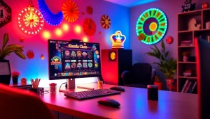 Engage with Canada casinos online through a vibrant home gaming setup featuring colorful decorations.