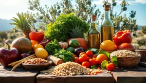 Colorful ingredients for the mediterranean diet on a rustic table, highlighting fresh produce and olive oil.