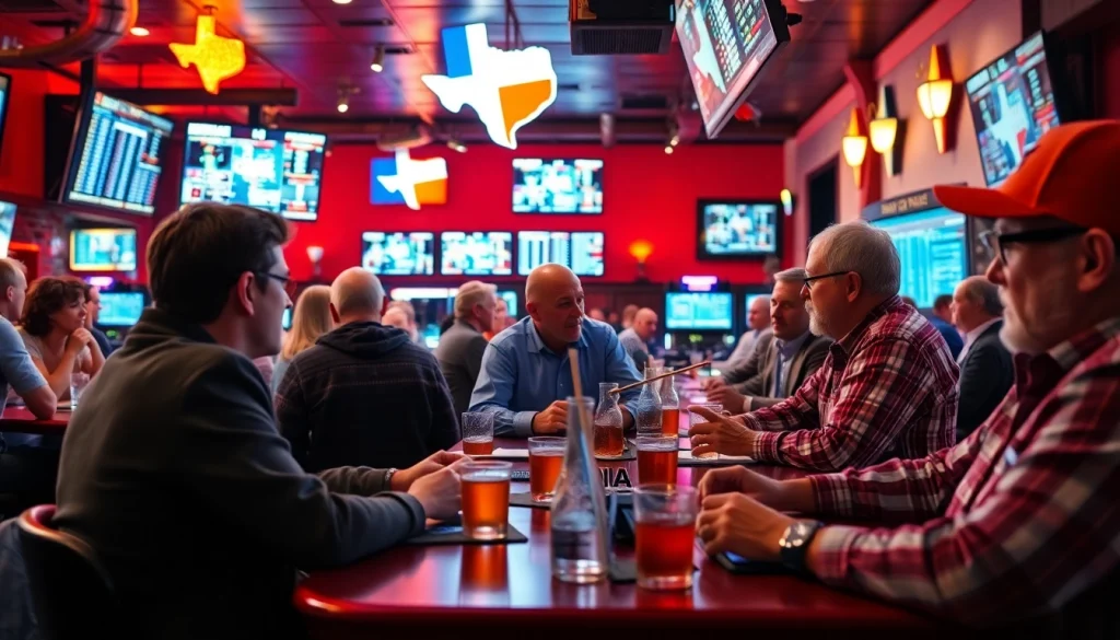 Engaging scene depicting Texas sports betting enthusiasts analyzing data and enjoying camaraderie.