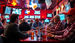 Engaging scene depicting Texas sports betting enthusiasts analyzing data and enjoying camaraderie.