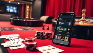 Engaging scene of a high-stakes betting table and mobile interface of 12bet showcasing the excitement of online gambling.