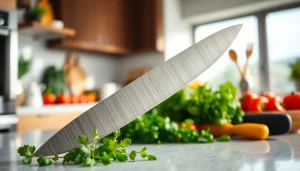 Feature a chef’s knife NZ prominently placed amidst fresh ingredients, enhancing culinary adventures.