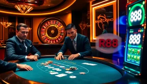Experience thrilling gameplay at RR88 with high-stakes blackjack, poker chips, and vibrant roulette.