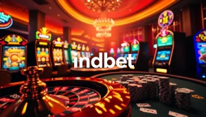 An exciting casino scene featuring indbet elements with roulette, poker chips, and slot machines.