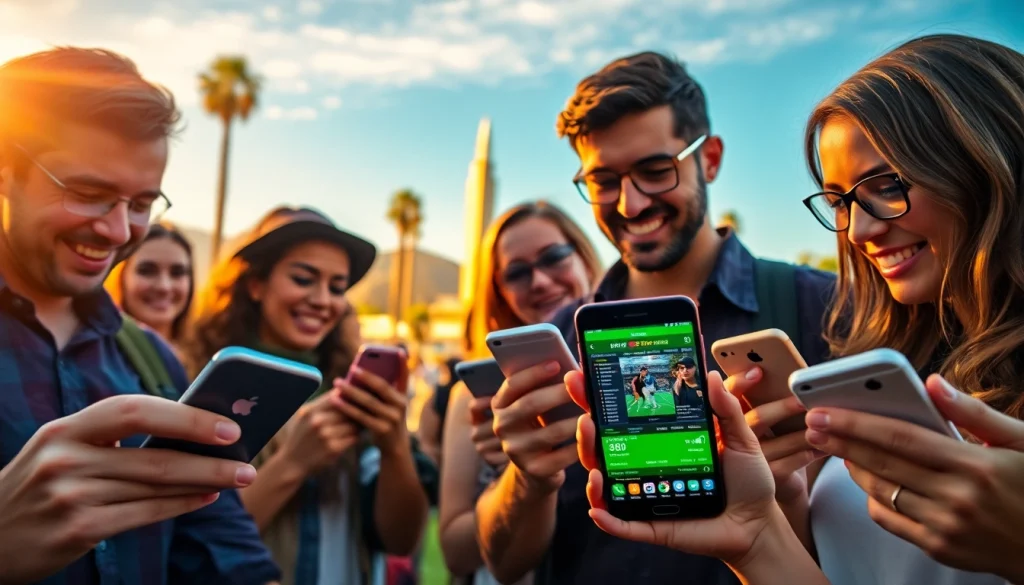 Exciting California sports betting scene showcasing diverse bettors engaged with their devices.