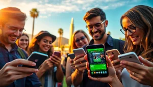 Exciting California sports betting scene showcasing diverse bettors engaged with their devices.