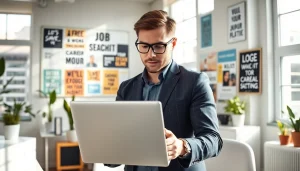 Engage in an efficient Job Search with a focused professional at a modern workspace.