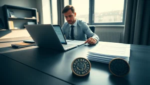 Professional sworn translator (tłumacz przysięgły) working in a modern office.