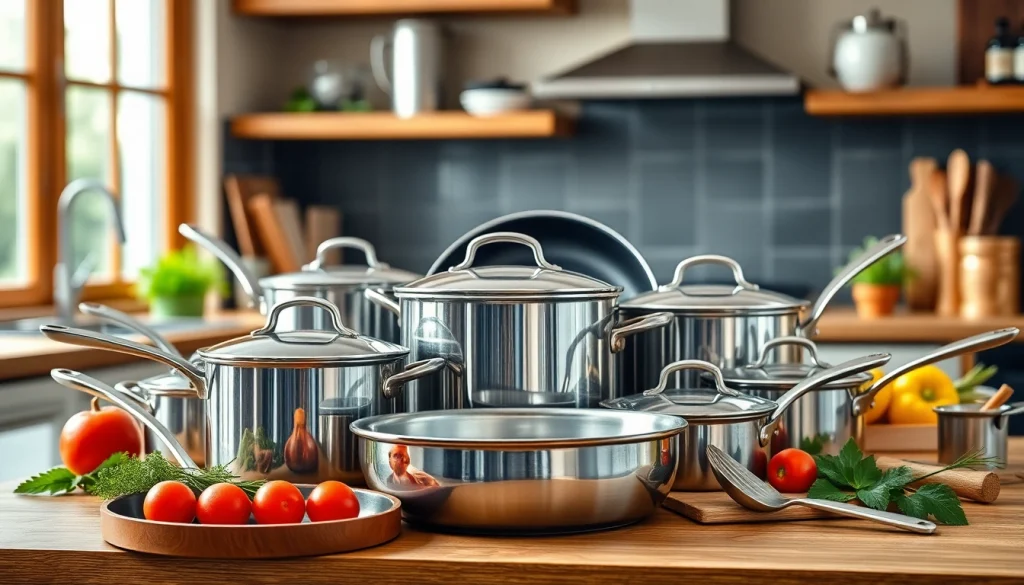 Shop elegant cookware set with various pots and pans on a kitchen countertop.